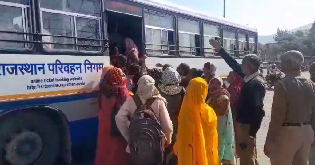 Crowd of women in roadways buses on International Women's Day